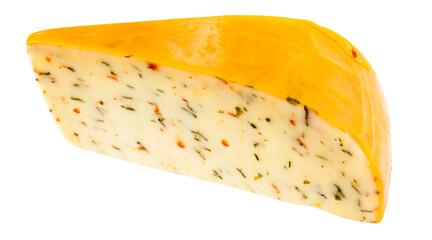 gouda cheese with herbs. sliced and isolated on white background