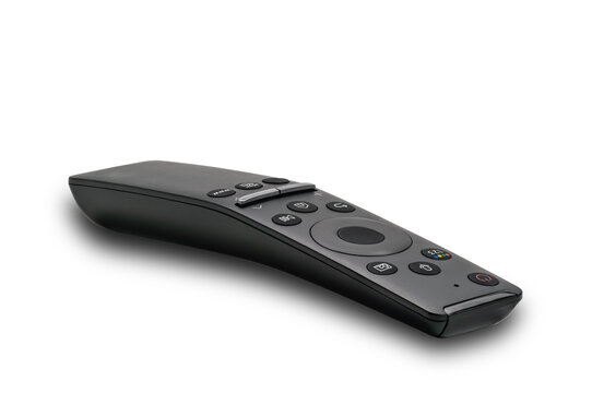 Side View Of Remote Control For Television With Voice Recognition Function On White Background.