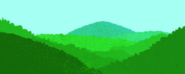 Naklejka premium Landscape with , green forest and Mountain silhouettes . Rocky peaks and hills . Splatter paint texture . Distress grunge background . Outdoor abstract illustration. vector.