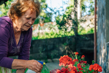 senior woman with watering can tending plants