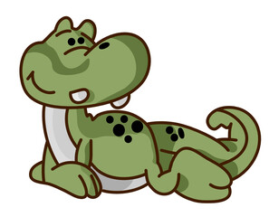 Green cute dinosaur lying on the ground with white background.