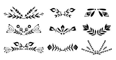 Set of black silhouette of spacers with tribal twig. Vector nature design elements. Folk plant text delimiters for article, invitation and card. Natural geometric design element with boho decoration