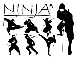 Ninja Silhouette Set. Set of Ninja Silhouette vector illustration, Ninja Weapon silhouette. Ninja Japanese warrior silhouettes. All in a single layer. Vector illustration. © thailerderden10