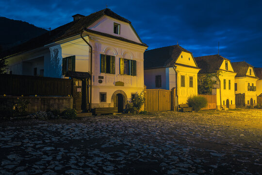 Early morning scenery with rural houses in row, Rimetea, Romania