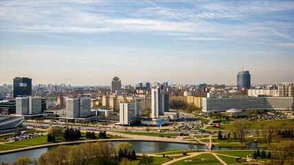 Fototapeta na wymiar Morning timelapse of the panorama of the capital of Belarus, Minsk.