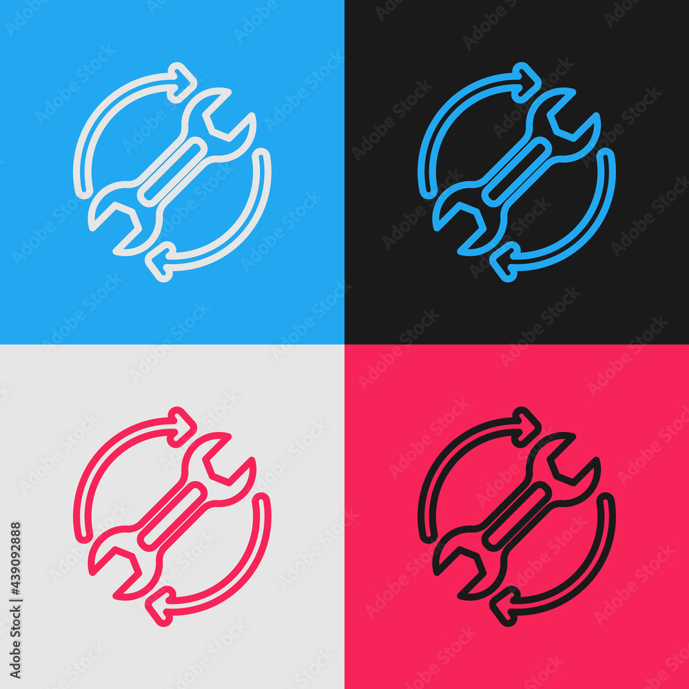 Poster pop art line wrench spanner and arrows as workflow icon isolated on color background. adjusting, ser