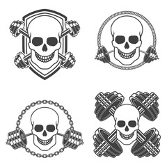 Set of skulls with barbells. Design element for poster, card, banner,emblem, sign. Vector illustration