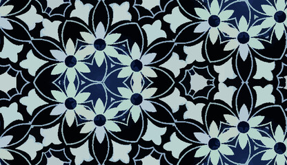 Fototapeta premium Abstract geometric flower design. Repeated seamless pattern for textile, wallpaper, wrapping paper, prints, surface design, inlay, parquet, web background or another accent etc.