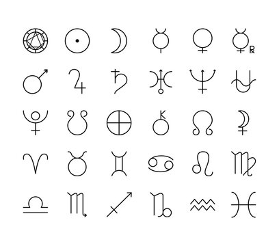 Astrology and alchemical flat line icon set. Vector illustration zodiac signs and planet symbols. Editable strokes
