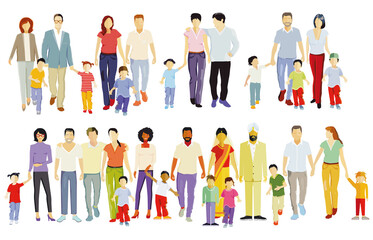 verschiedenen Familien, Eltern und Kinder, Menschengruppen isoliert auf weiß