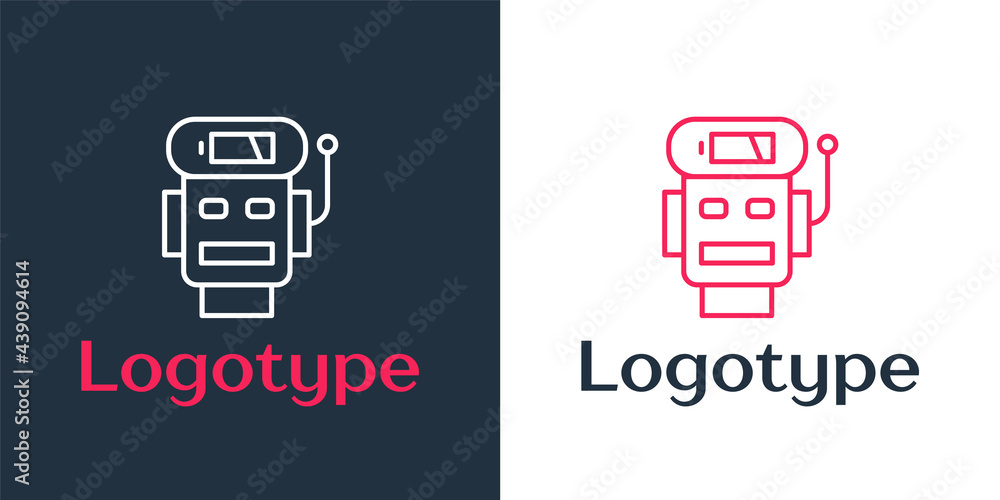 Poster logotype line robot low battery charge icon isolated on white background. artificial intelligence, m