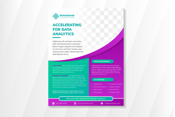 Accelerating for data analysis Flyer Template, eye-catching flyer to promote a science and technology data establishment with high-quality layout and designs. Combination pink and green colors.