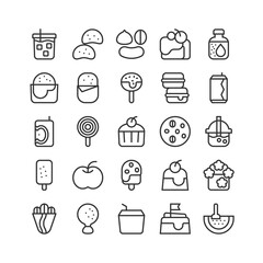 Food and drink icon set. Snack, dessert, bakery, and beverage menu. Chip, cold drink, pearl milk tea, cinnamon bun, and more. Vector illustration, outline style, editable stroke, pixel perfect 48x48. 