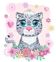 Cartoon snow leopard with expressive eyes. Wild animals, character, childish cute style.