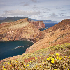 Beautiful seascape with yellow flowers in foreground. East Madeira coast. Atlantic ocean. Favorite touristic destination.
