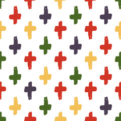 Vector seamless pattern with multicolored hand drawn crosses or plus on white background. Sketchy style illustration