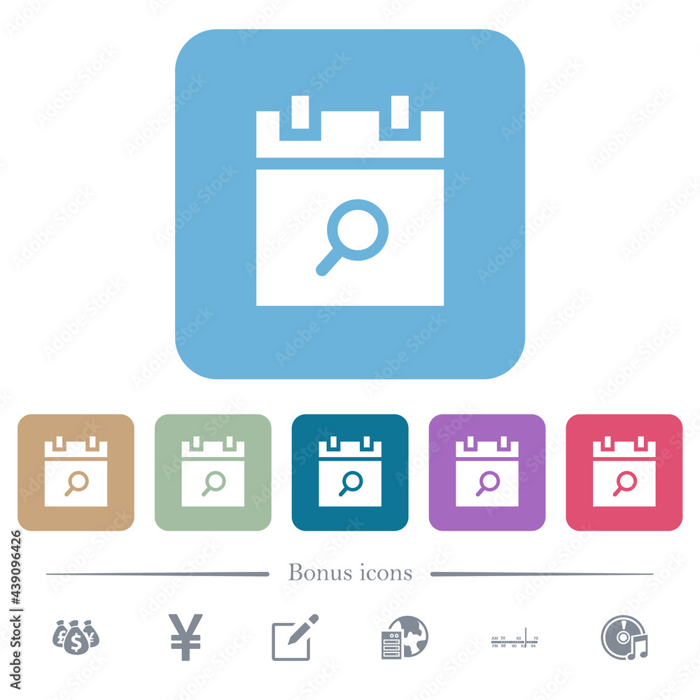 Poster find schedule item flat icons on color rounded square backgrounds