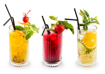 A set of summer cold drinks in glasses. On a white background