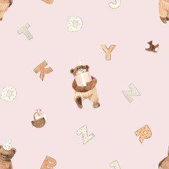 Watercolor illustration bunny girl birthday pink and brown