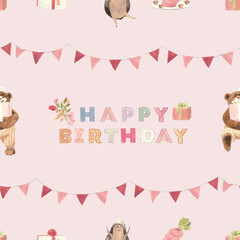 Watercolor illustration bunny girl birthday pink and brown