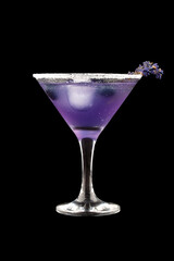 Cocktail with rum and lavender on a dark  background. Isolated