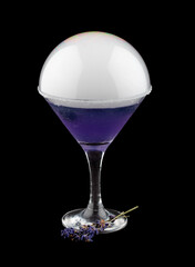 Smoke bubble lavender cocktail on black background. Isolated