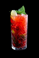 Strawberry summer lemonade on a black background. Isolated