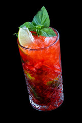 Strawberry summer lemonade on a black background. Isolated