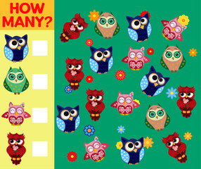 Cartoon Illustration of Educational Counting Activity Game for Children with Bird Characters