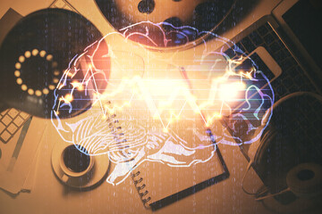 Double exposure of brain sketch and table top veiw. Concept of data analysis.