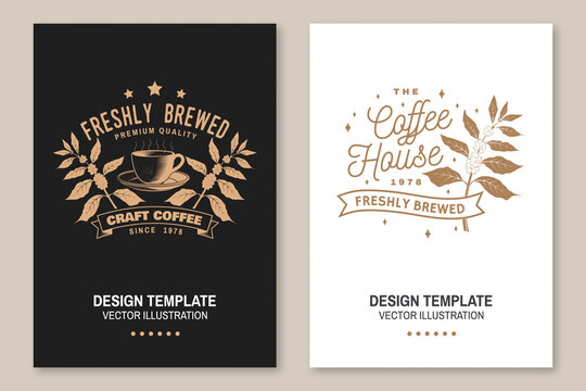 Coffe shop logo, badge template. Vector Flyer, brochure, banner, poster design with coffee cup and branch of coffee tree silhouette. Template for menu for restaurant, cafe, bar, packaging