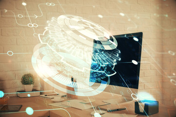 Double exposure of data theme drawing and office interior background. Concept of technology.