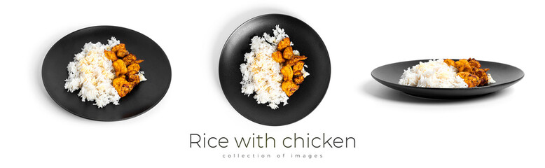 Rice with chicken isolated on a white background. A dish of rice and chicken.