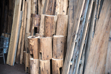 A pile of old wooden blocks material background