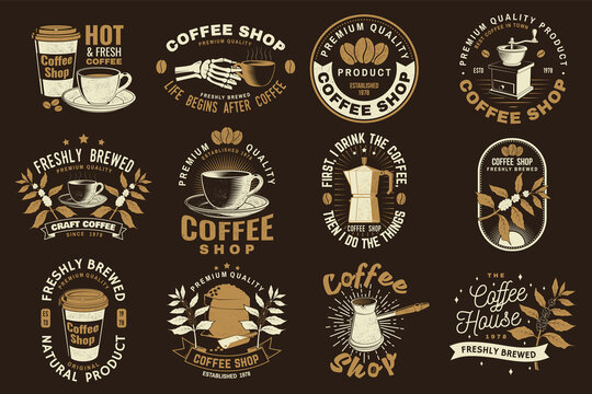 Set of Coffe shop logo, badge template. Vector Typography design with paper coffee cup and branch of coffee tree, skeleton hand silhouette. Template for menu for restaurant, cafe, bar, packaging