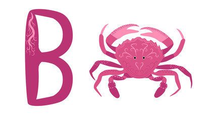 Crab and the letter B. Children's funny alphabet with animals, for preschoolers studying letters