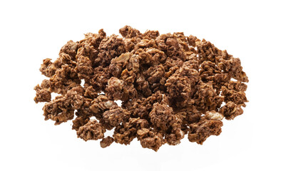 Chocolate granola, crunchy muesli isolated on white