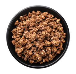 Black plate of chocolate granola, top view