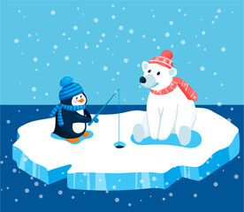 Penguin and polar bear catch fish on ice in the sea on fishing rod. Cute animals in hats and scarves. Children vector illustration about friendship and fishing in cartoon style.