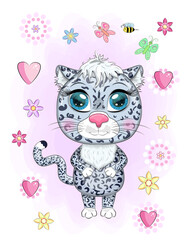 Cartoon snow leopard with expressive eyes among flowers, hearts, decorative elements. Wild animals, character, childish cute style.