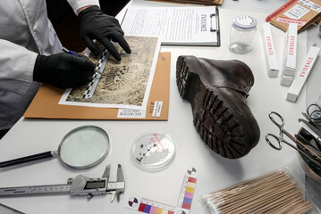 Police scientist examines shoe sole strips related to crime lab murder, concept image
