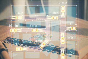 Double exposure of auto tech drawing and desk with open notebook background. Concept of technology