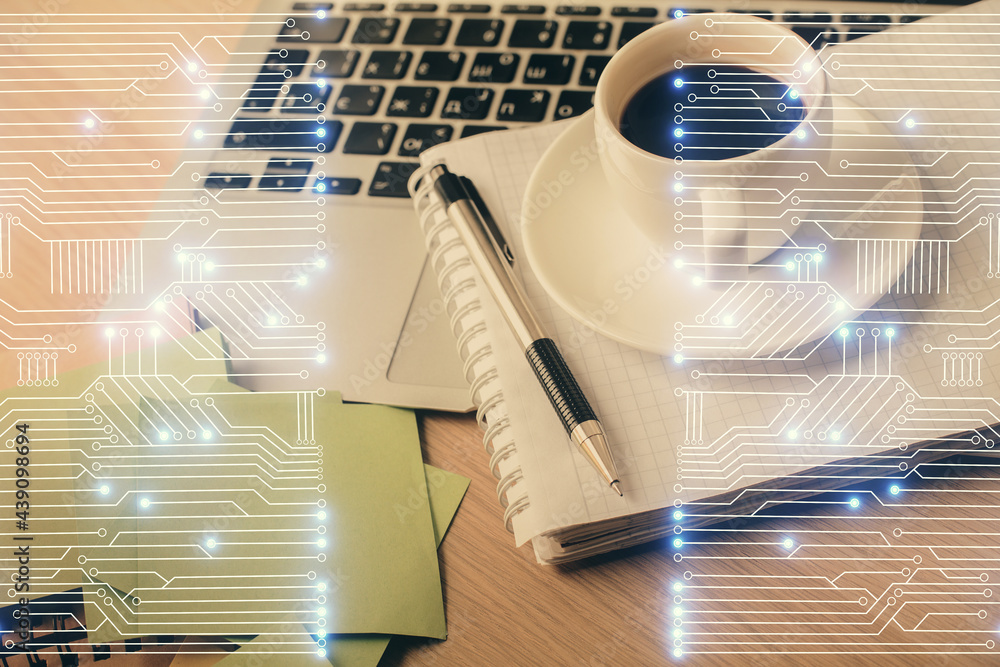 Aufkleber Double exposure of technology theme drawing and desktop with coffee and items on table background. Concept of high tech.