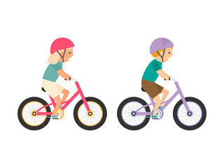 Fototapeta premium Cute happy children riding bicycles. Girl and boy ride bikes. Healthy lifestyle. Sport vehicles competition concept. Vector illustration isolated on white