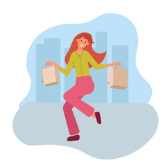 Happy young woman in city shopping. Girl smiles happily and jumps up with bags in her hands. Vector illustration in flat style about purchase.