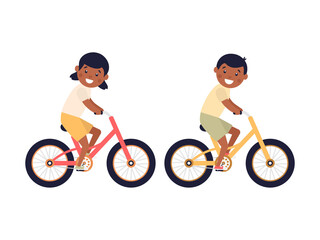 Cute happy American children riding bicycles. African girl and boy ride bikes. Healthy lifestyle. Sport vehicles competition concept. Vector illustration isolated on white