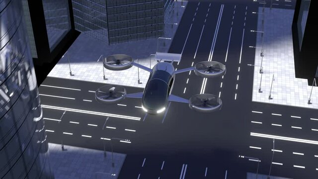 Passenger drone flying above a street and between office buildings/ skyscrapers - 3D 4k animation (3840x2160 px).