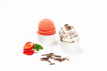 Italian homemade strawberry and stracciatella ice cream in white background