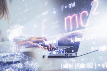 Double exposure of woman hands typing on computer and formula hologram drawing. Education concept.