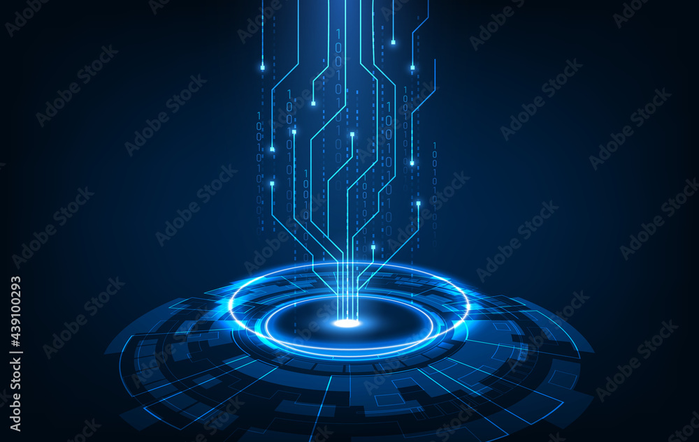 Poster abstract technology chip processor background circuit board and html code,3d illustration blue techn